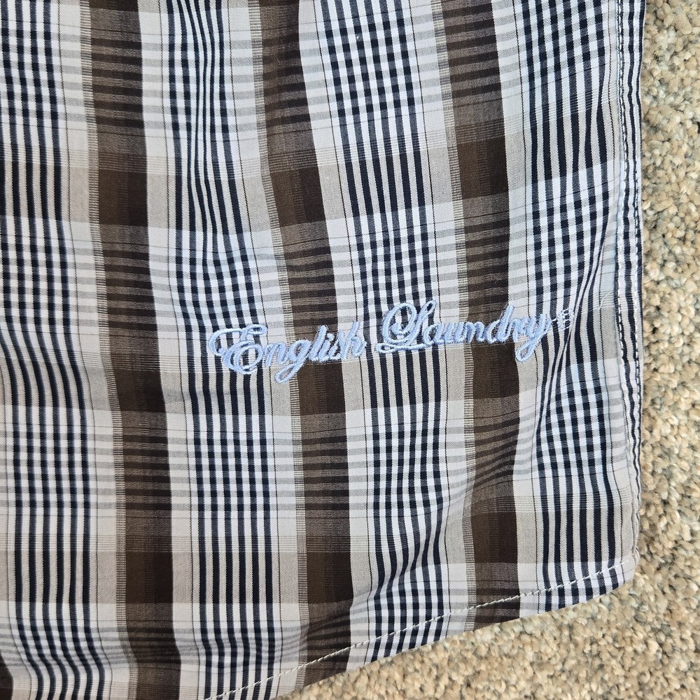 English Laundry Mens Size 16 1/2 34/35 Button Down Shirt Brown Blue Plaid - Picture 9 of 10